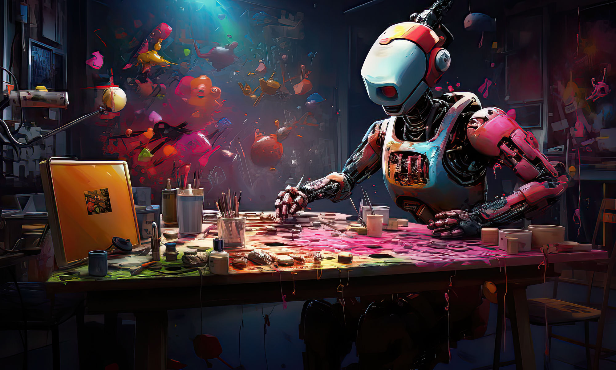 一个机器人正在绘制色彩缤纷的抽象艺术品
