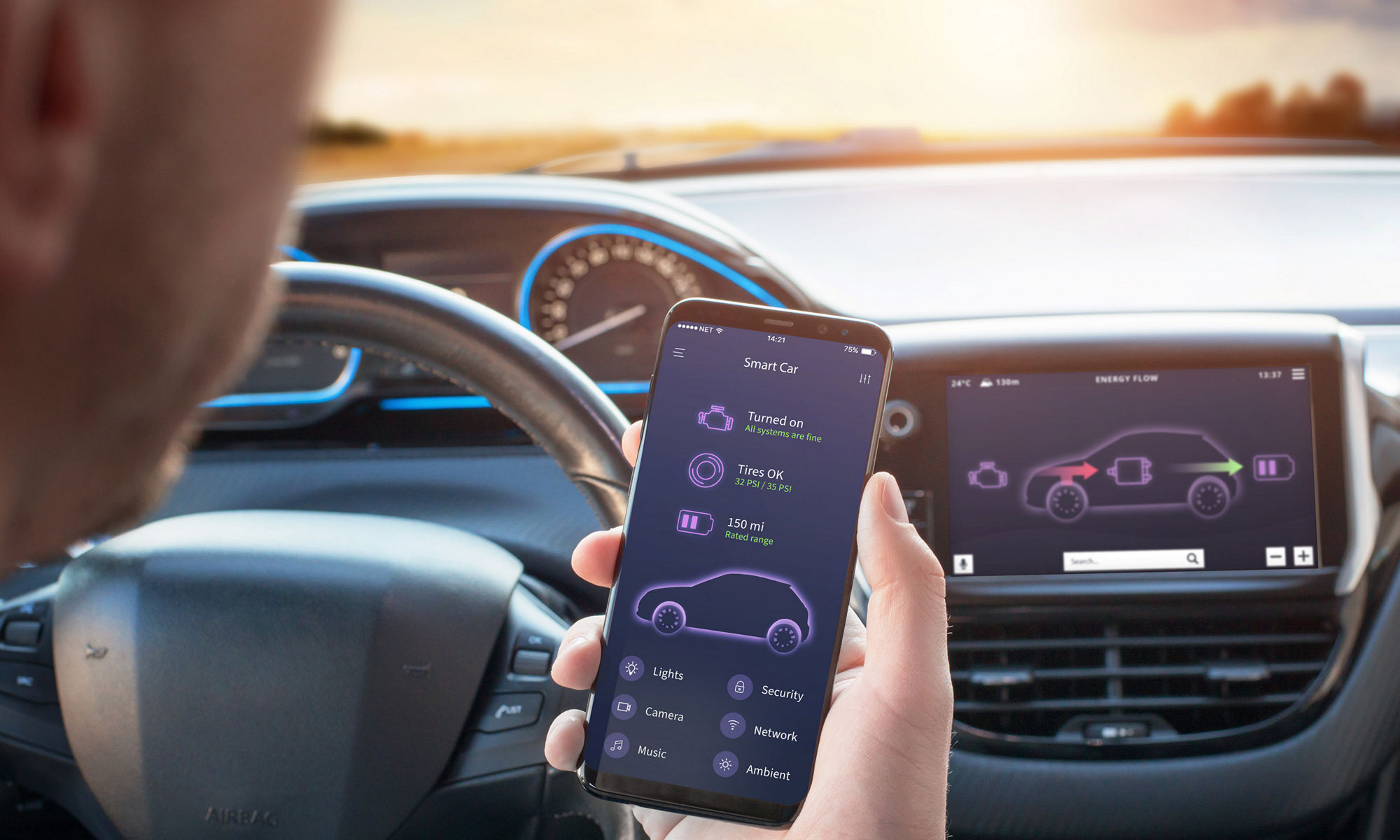 Smart Car app with engine, tyres and battery status information concept. Driver holds a mobile phone. Steering wheel and board display in the background