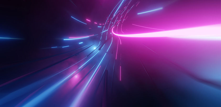 抽象的霓虹灯光线汇入数字化技术隧道。抽象的未来主义技术背景，前景为代表网络、大数据、数据中心、服务器、互联网、速度的线条。3D 渲染