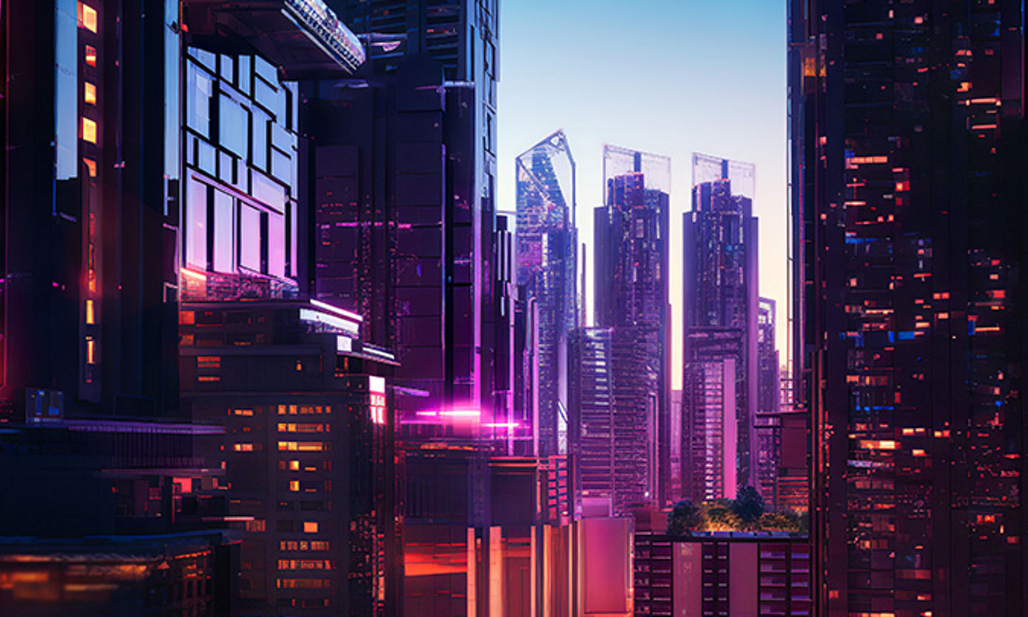 A futuristic city scape in dark blues and blacks and pinks 