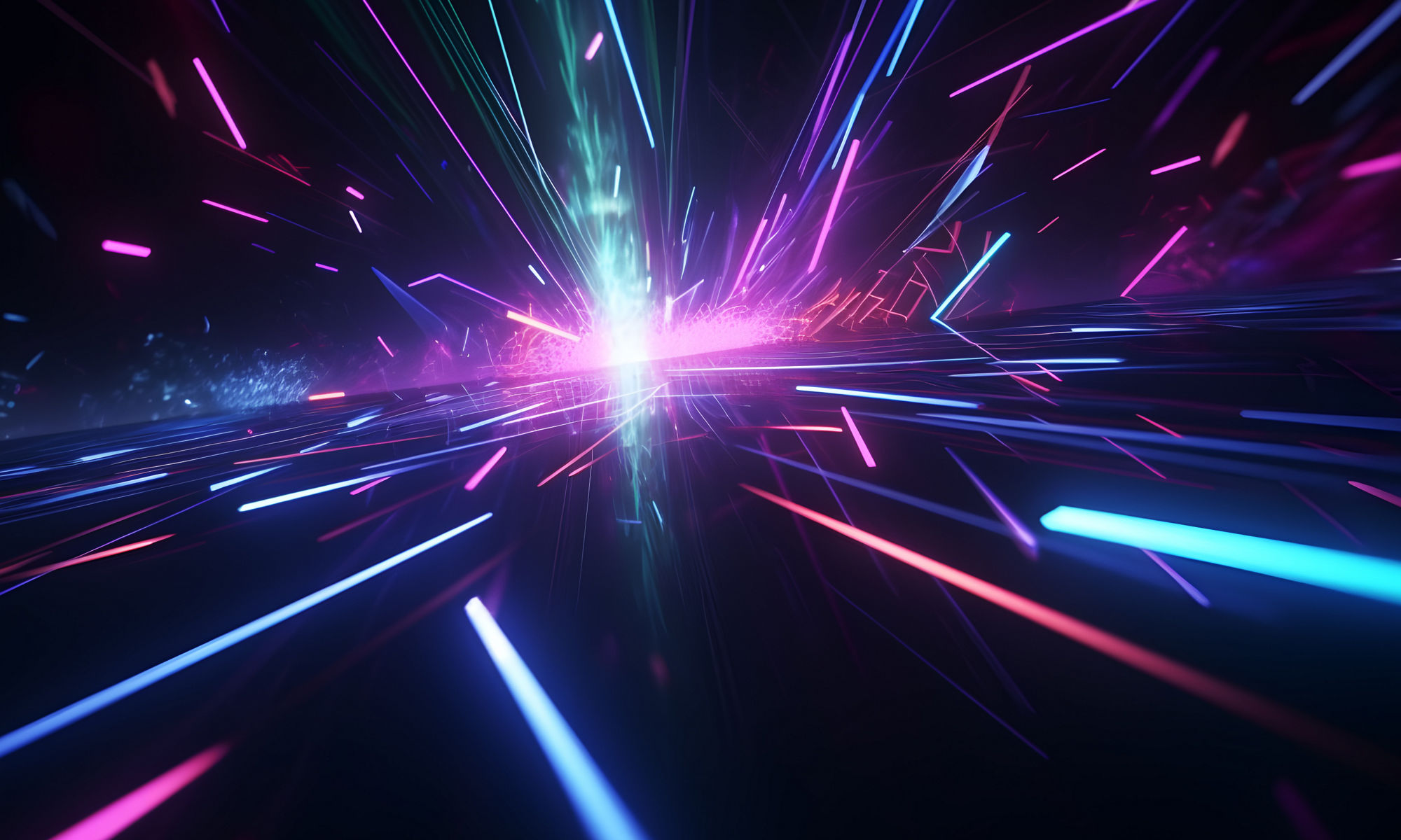 蓝色、粉色和紫色霓虹辉光的激光光束快速移动到中心，数字、高速互联网、赛博朋克、电信技术的背景。未来主义抽象背景。生成式 AI
