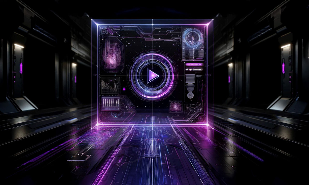代表 AI 技术的走廊，中间显示播放按钮