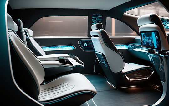 未来高科技车辆的内部渲染图，包含闪烁的数字和内置数字屏幕