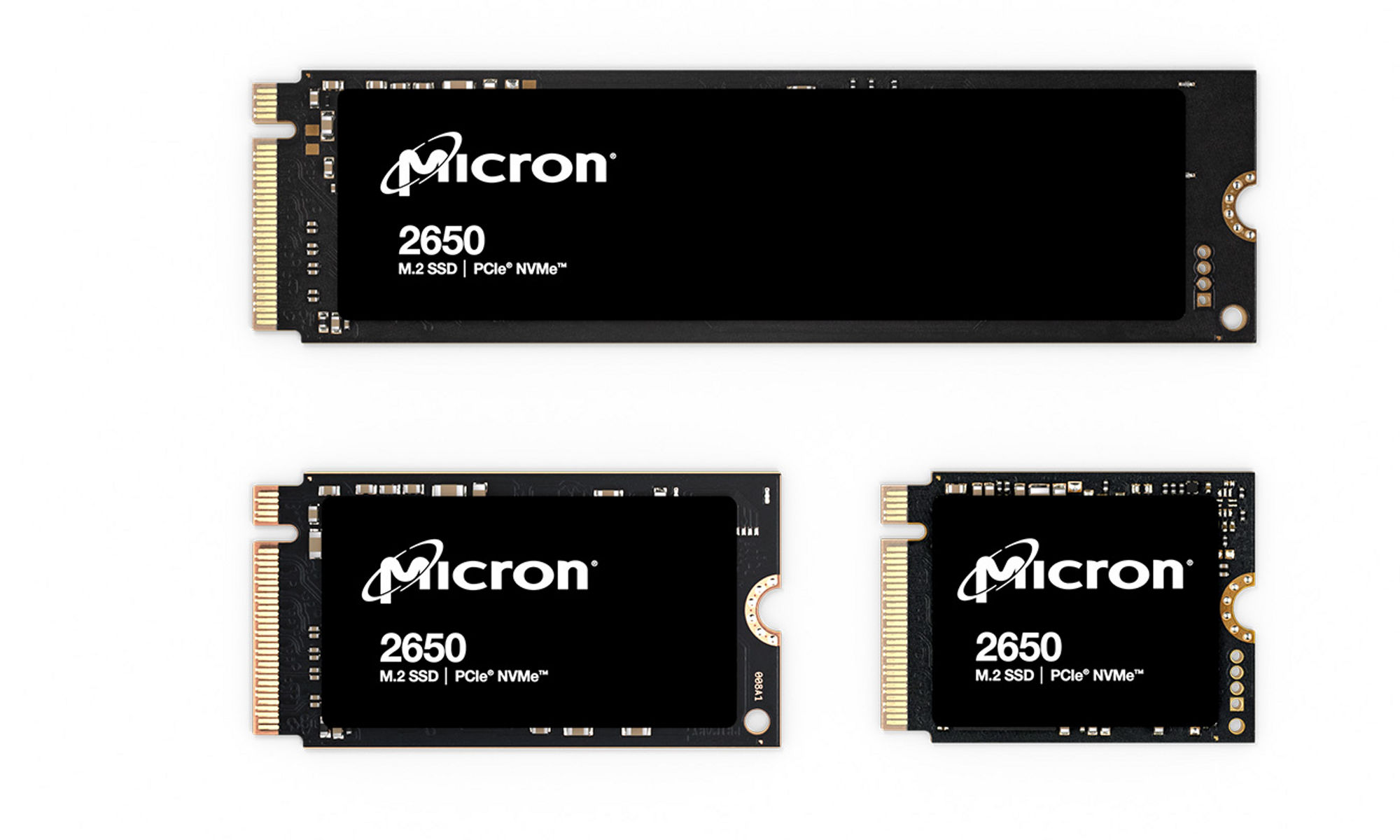 三款美光 2650 NVMe SSD，外形尺寸分别为 22x30、22x42 和 22x80mm