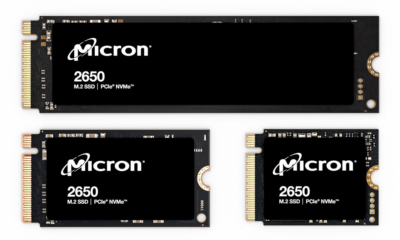 三款美光 2650 NVMe SSD，外形尺寸分别为 22x30、22x42 和 22x80mm