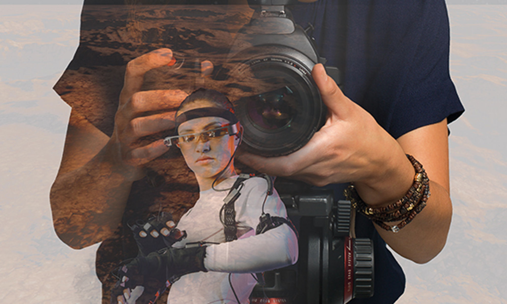 Futuristic image of woman pointing video camera at you with android in the background