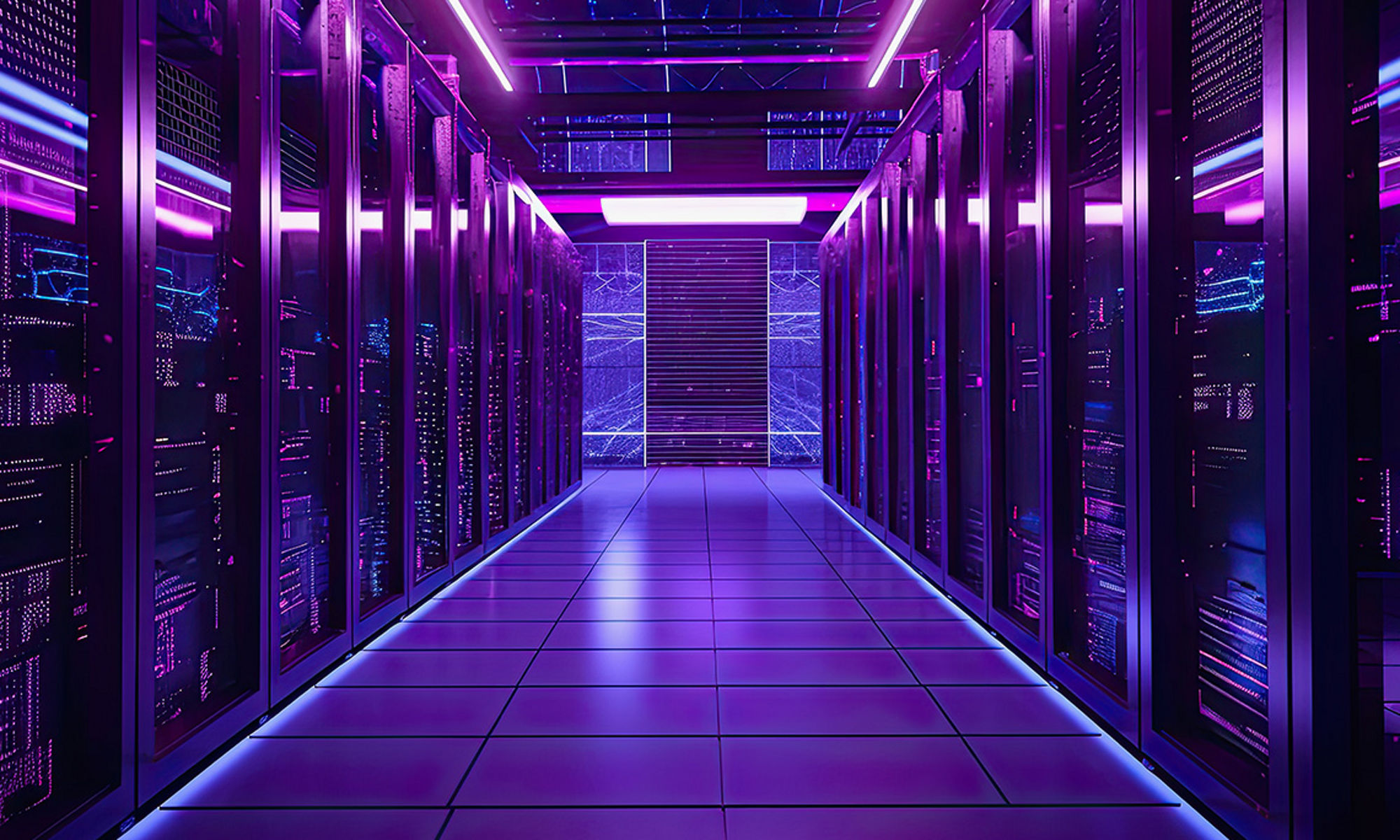 View looking between two rows of servers in a data center in blue and pink hues