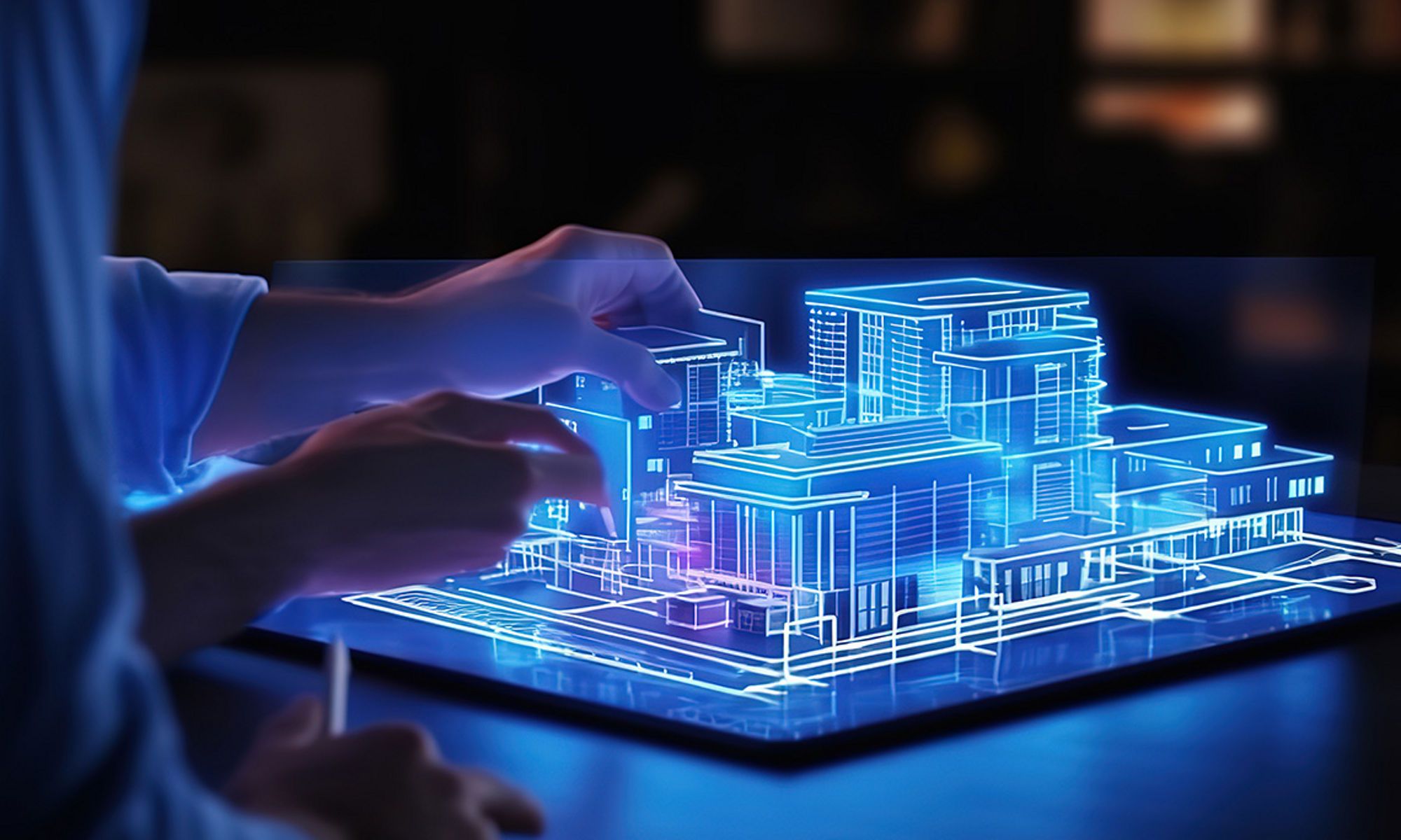 Architect view 3D buildings in tablet that emerge from architecture plan